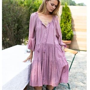 India Collection Emerson Fry Clemence Button Front SwissDot Boho Rose Pink Dress